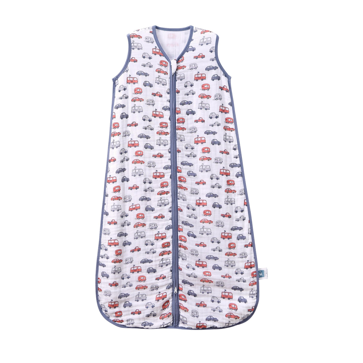 TADO MUSLIN sleep sack 0-6m cars front shows breathable organic cotton warmth