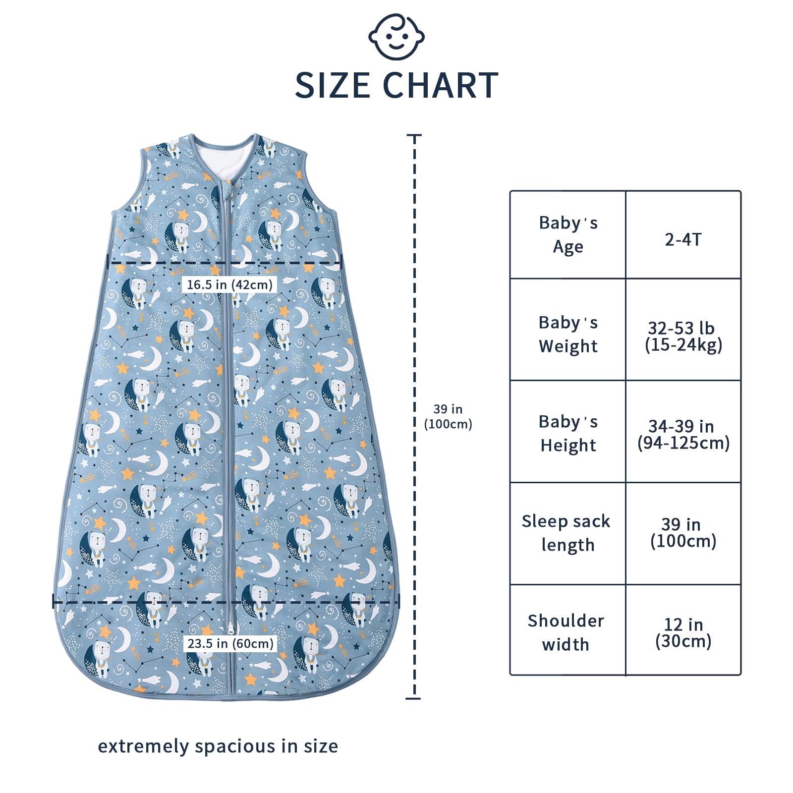 TADO MUSLIN sleep sack worn by toddler, roomy fit supports leg movement