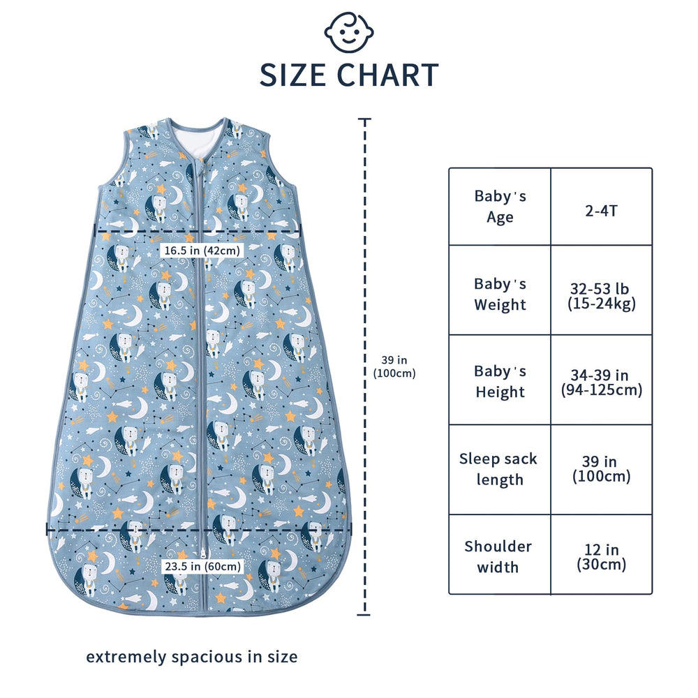 TADO MUSLIN sleep sack worn by toddler, roomy fit supports leg movement