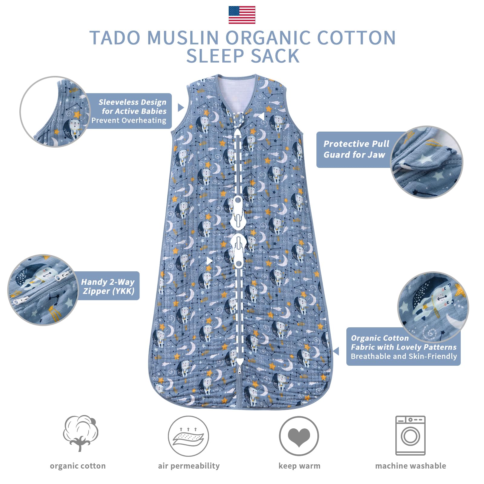 TADO MUSLIN sleep sack blue bear chin safety tab for gentle protection