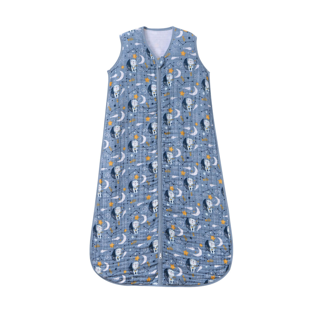 TADO MUSLIN sleep sack blue bear front view shows cozy, wearable blanket for toddlers