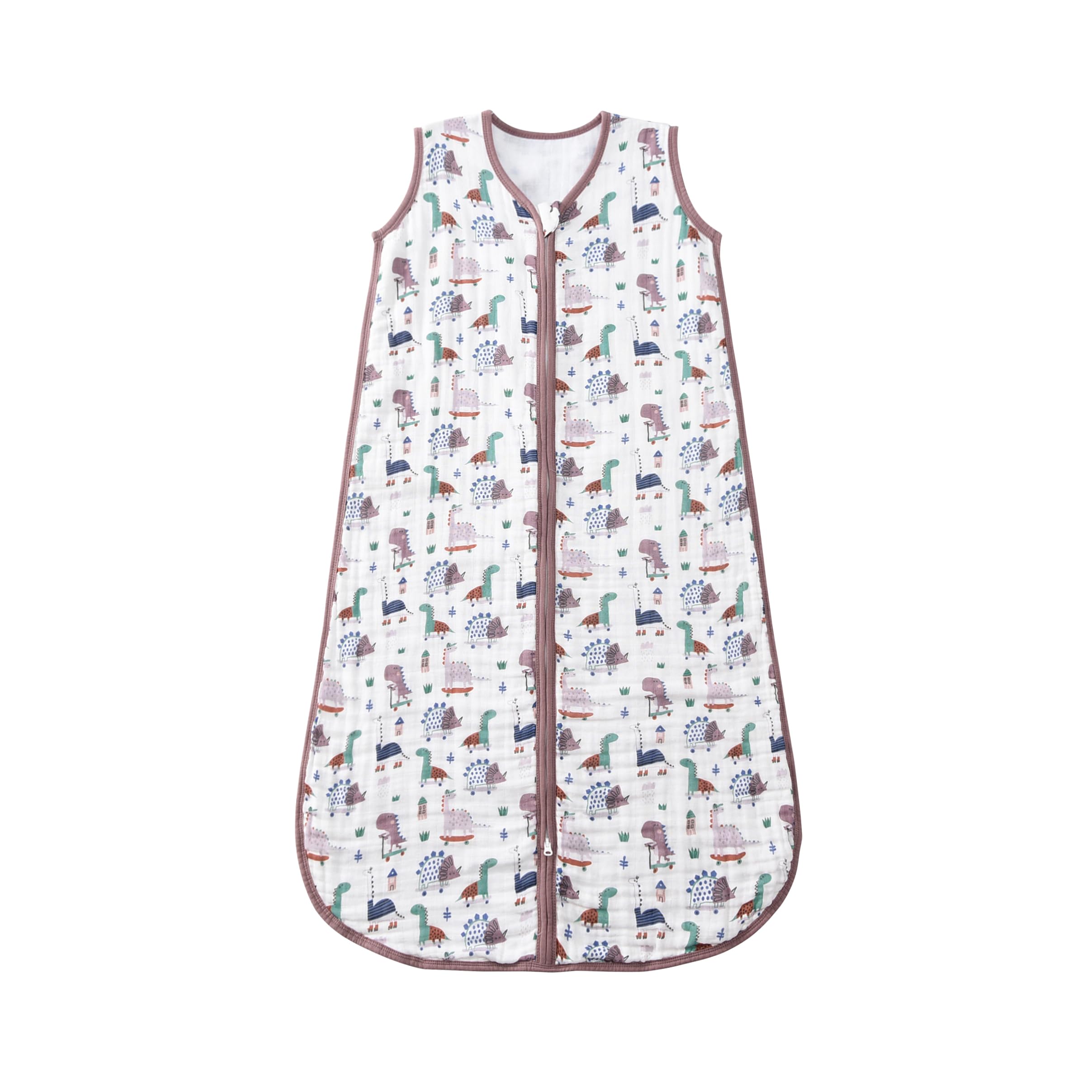 TADO MUSLIN sleep sack dinosaur pattern close-up shows breathable four-layer cotton for comfy naps
