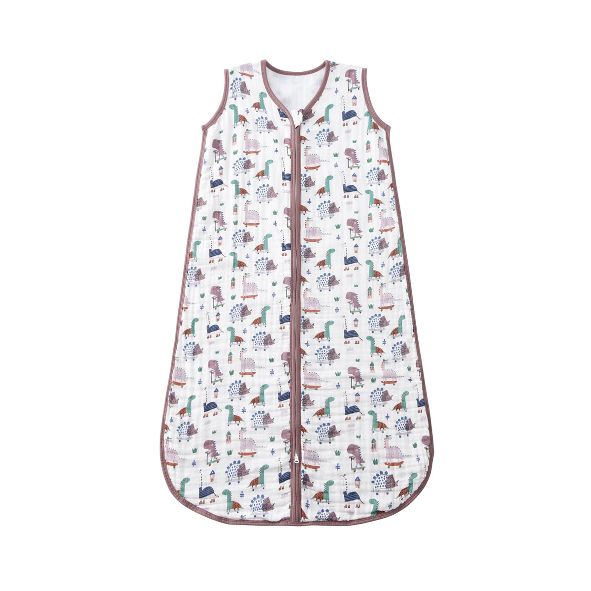 TADO MUSLIN sleep sack dinosaur pattern close-up shows breathable four-layer cotton for comfy naps