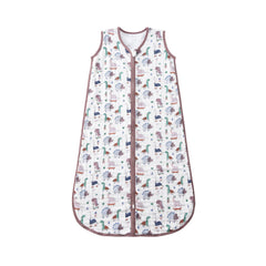 TADO MUSLIN sleep sack dinosaur pattern close-up shows breathable four-layer cotton for comfy naps