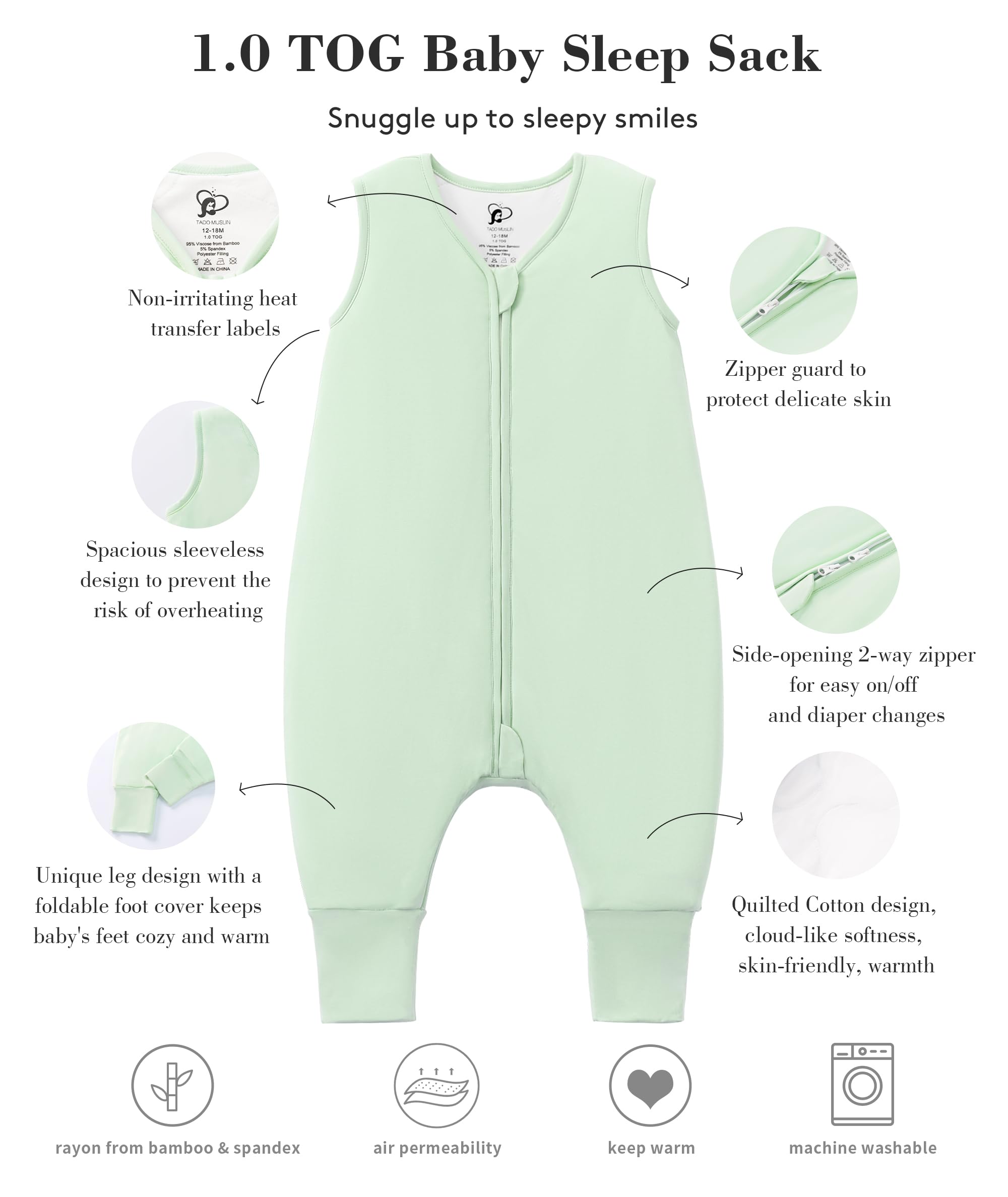 TADO MUSLIN sleep sack foot-cover-open showcases ready-to-walk mode with warm toes.