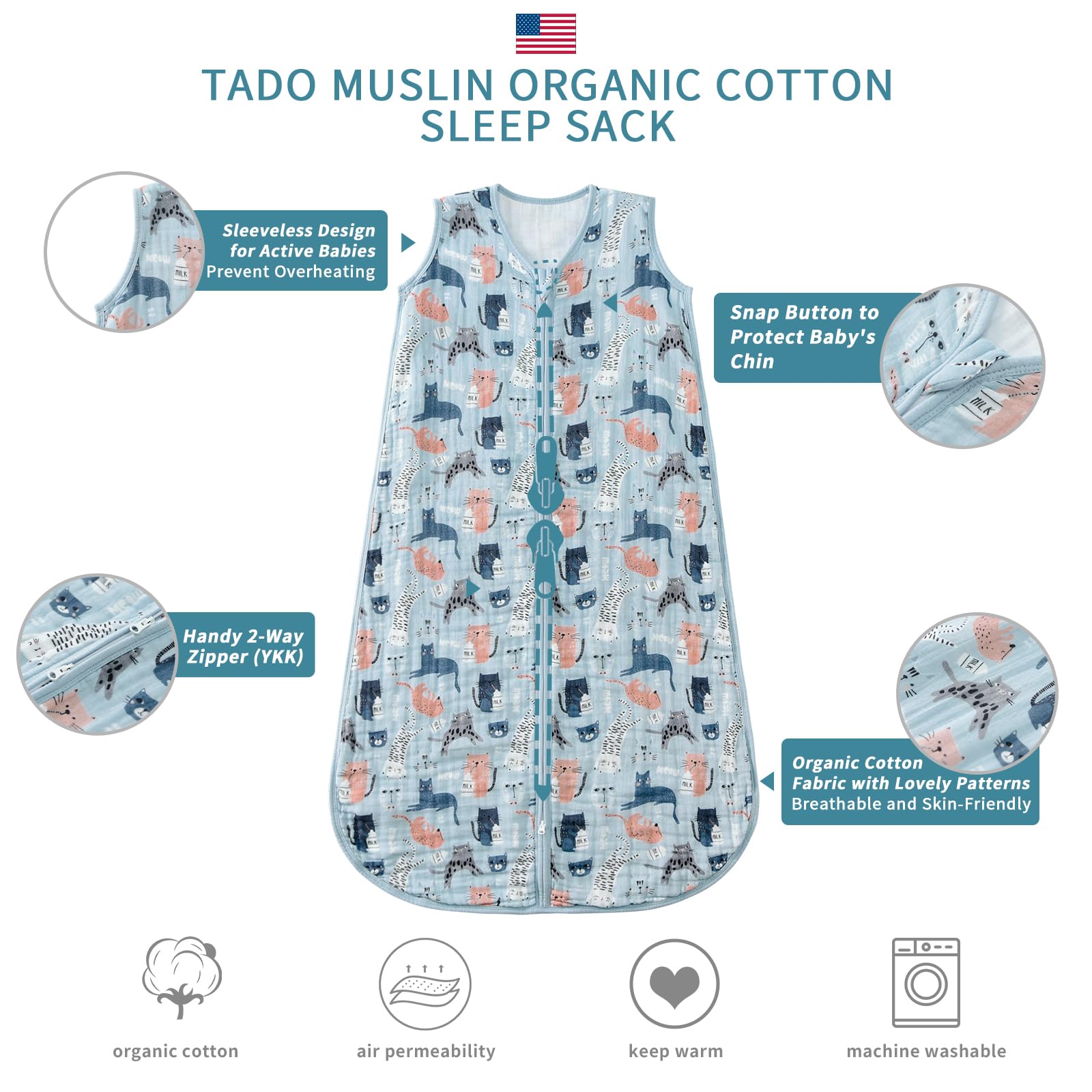 TADO MUSLIN four-layer muslin image emphasizes breathable fabric for comfortable temperature regulation