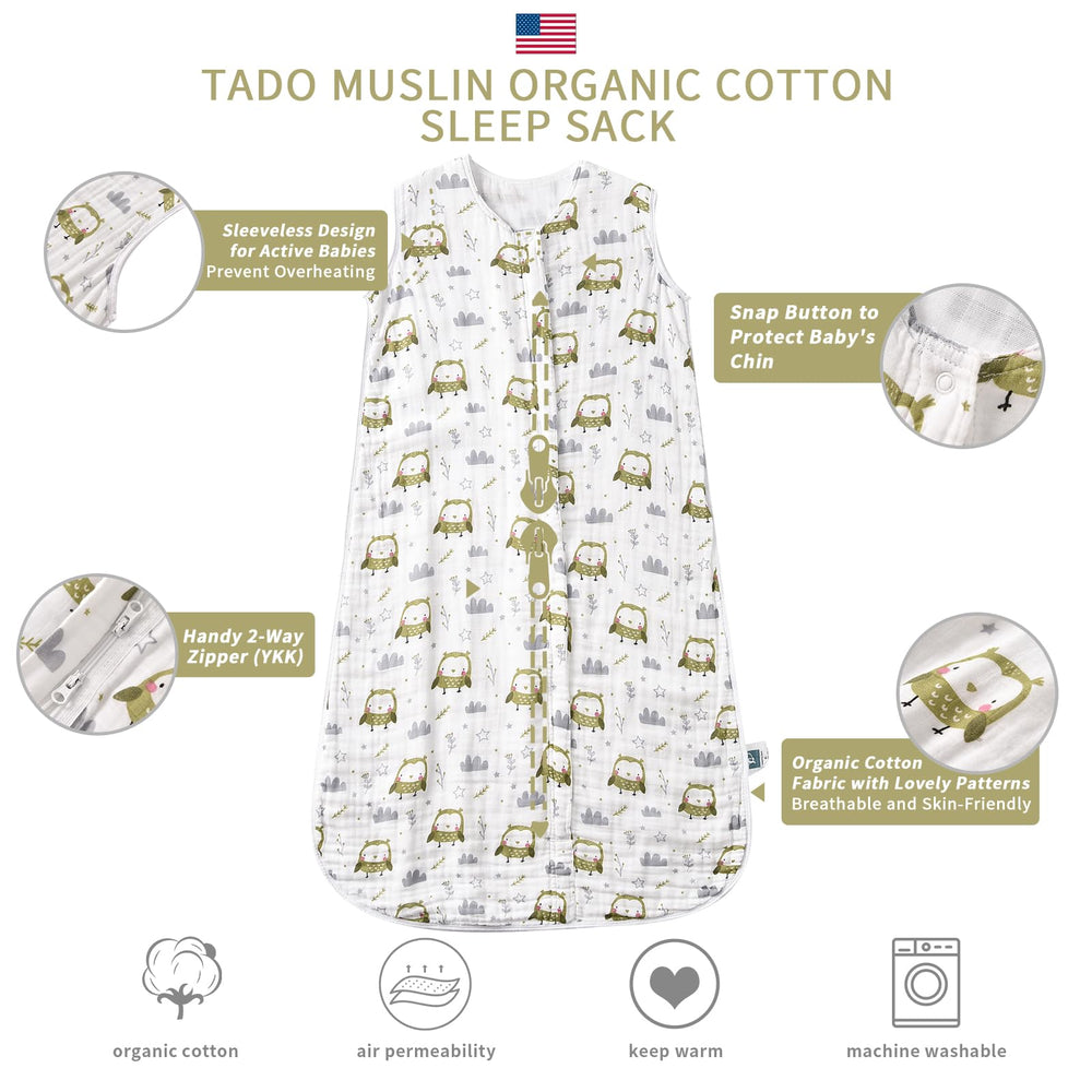 TADO MUSLIN Sleep Sack Owl back view highlighting breathable fabric.