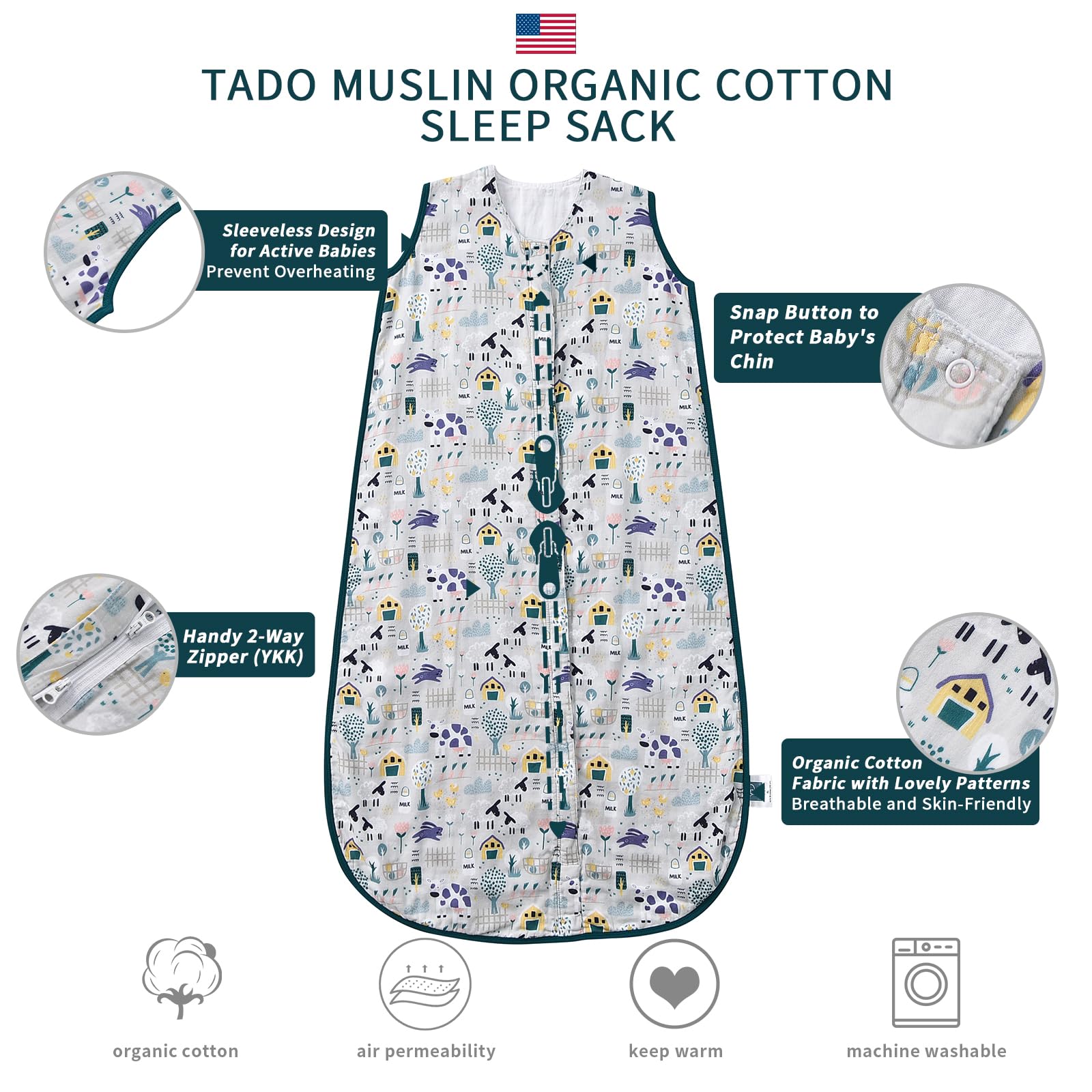 TADO MUSLIN sleep sack side view showing relaxed roomier fit for active toddlers.