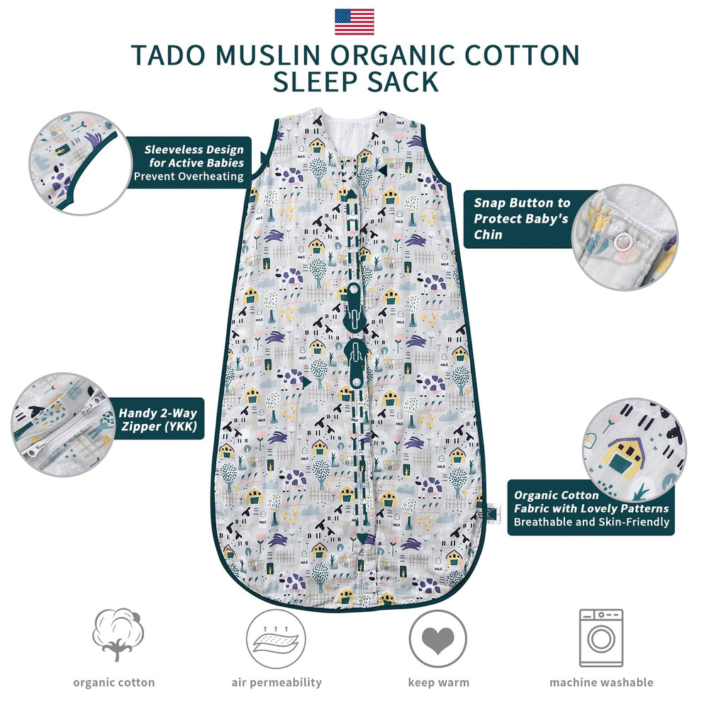 TADO MUSLIN sleep sack side view showing relaxed roomier fit for active toddlers.