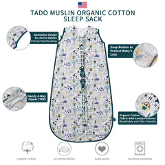 TADO MUSLIN sleep sack side view showing relaxed roomier fit for active toddlers.