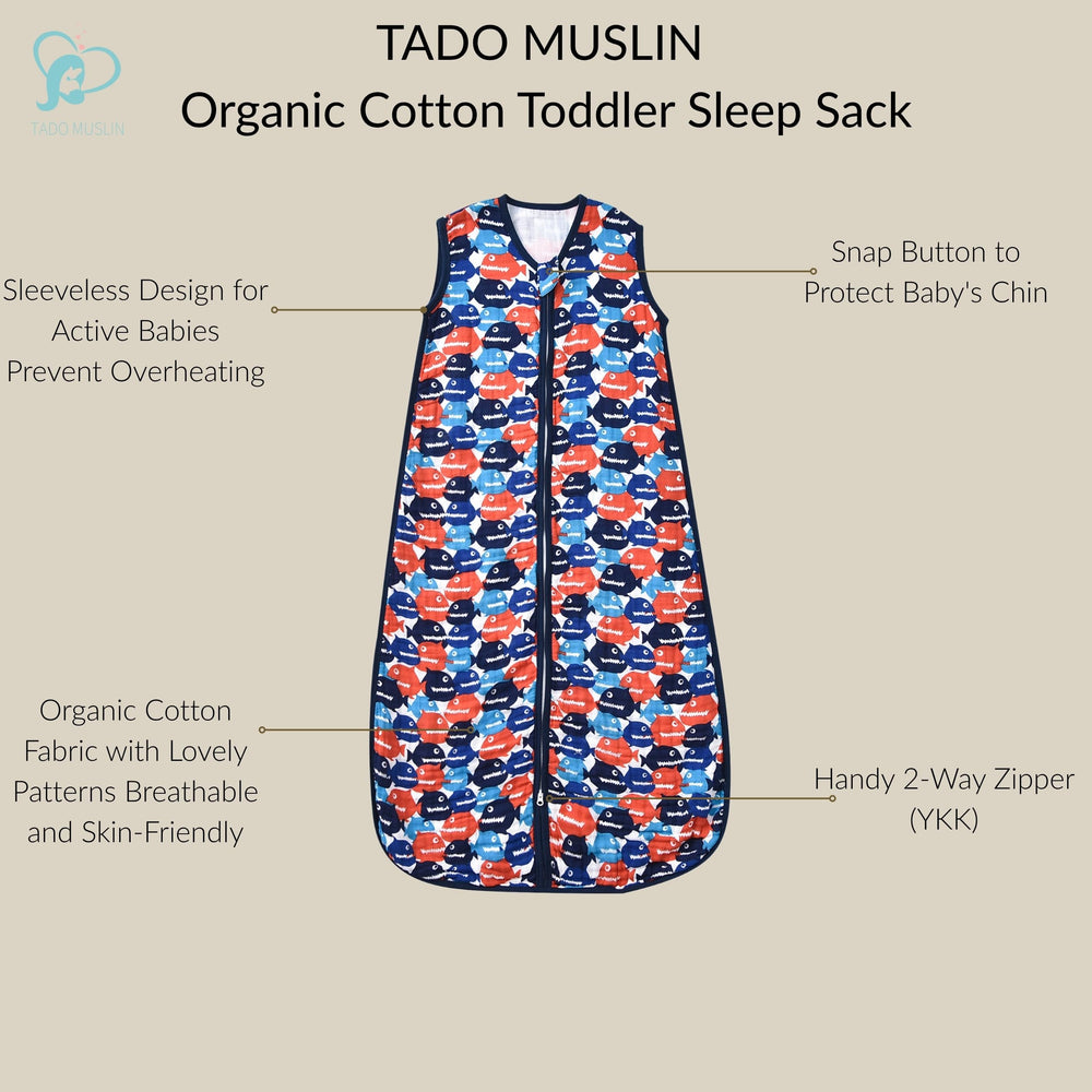 TADO MUSLIN sleep sack zipper close-up showing easy dressing and quick diaper changes.