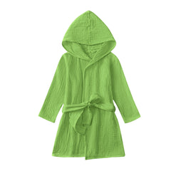 TADO MUSLIN toddler bathrobe full front in green shows hooded comfort and breathable fabric.