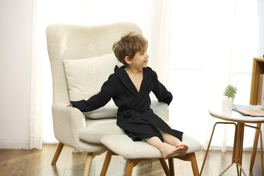 TADO MUSLIN Toddler Bathrobe hooded back view highlights cozy absorbent robe