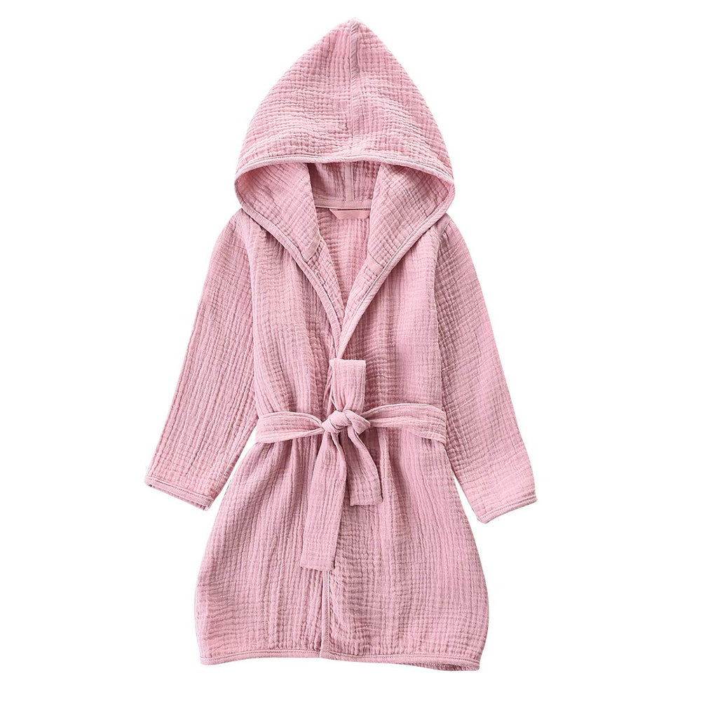 TADO MUSLIN toddler bathrobe pink hood close-up shows plush organic cotton for cozy bath time