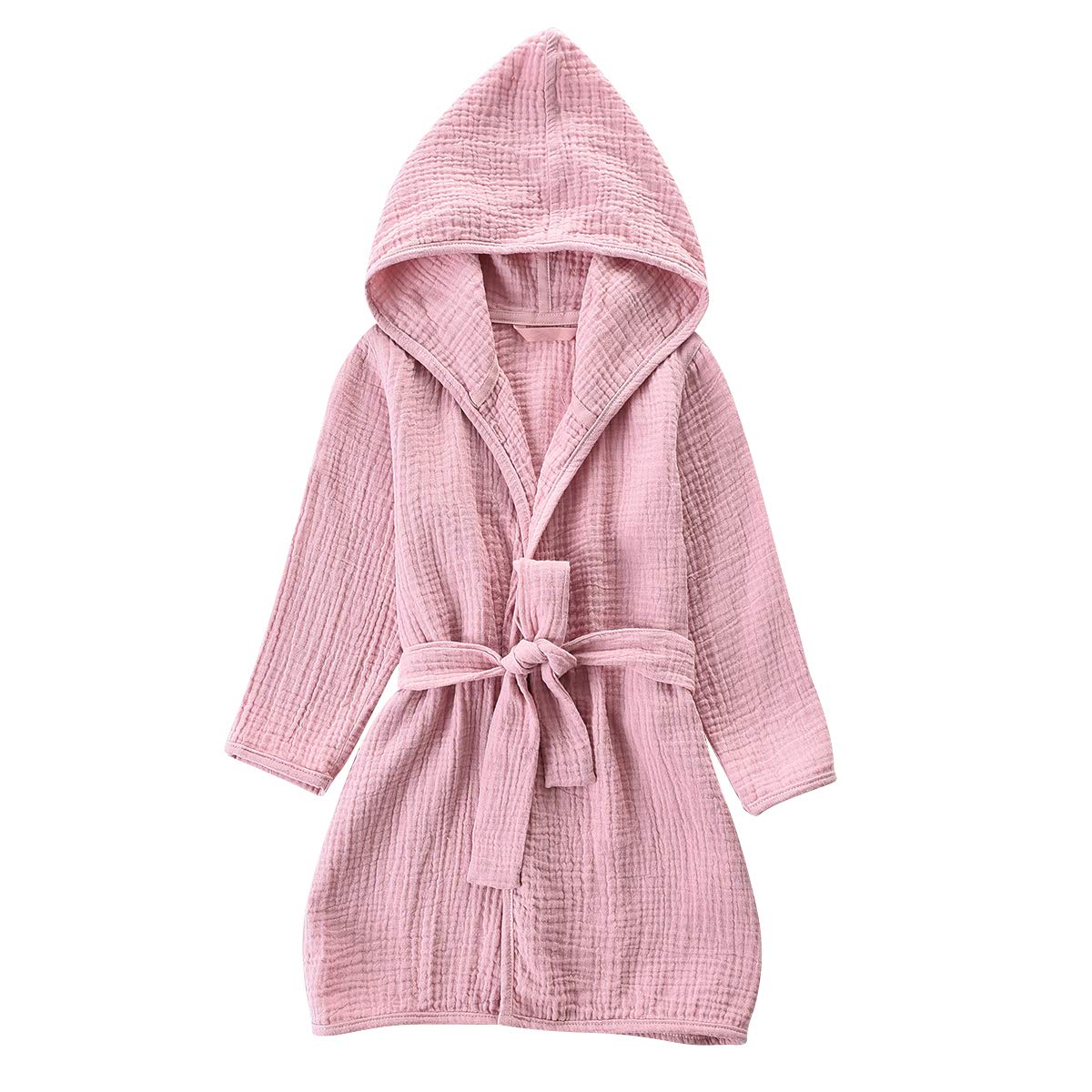 TADO MUSLIN toddler bathrobe pink hood close-up shows plush organic cotton for cozy bath time