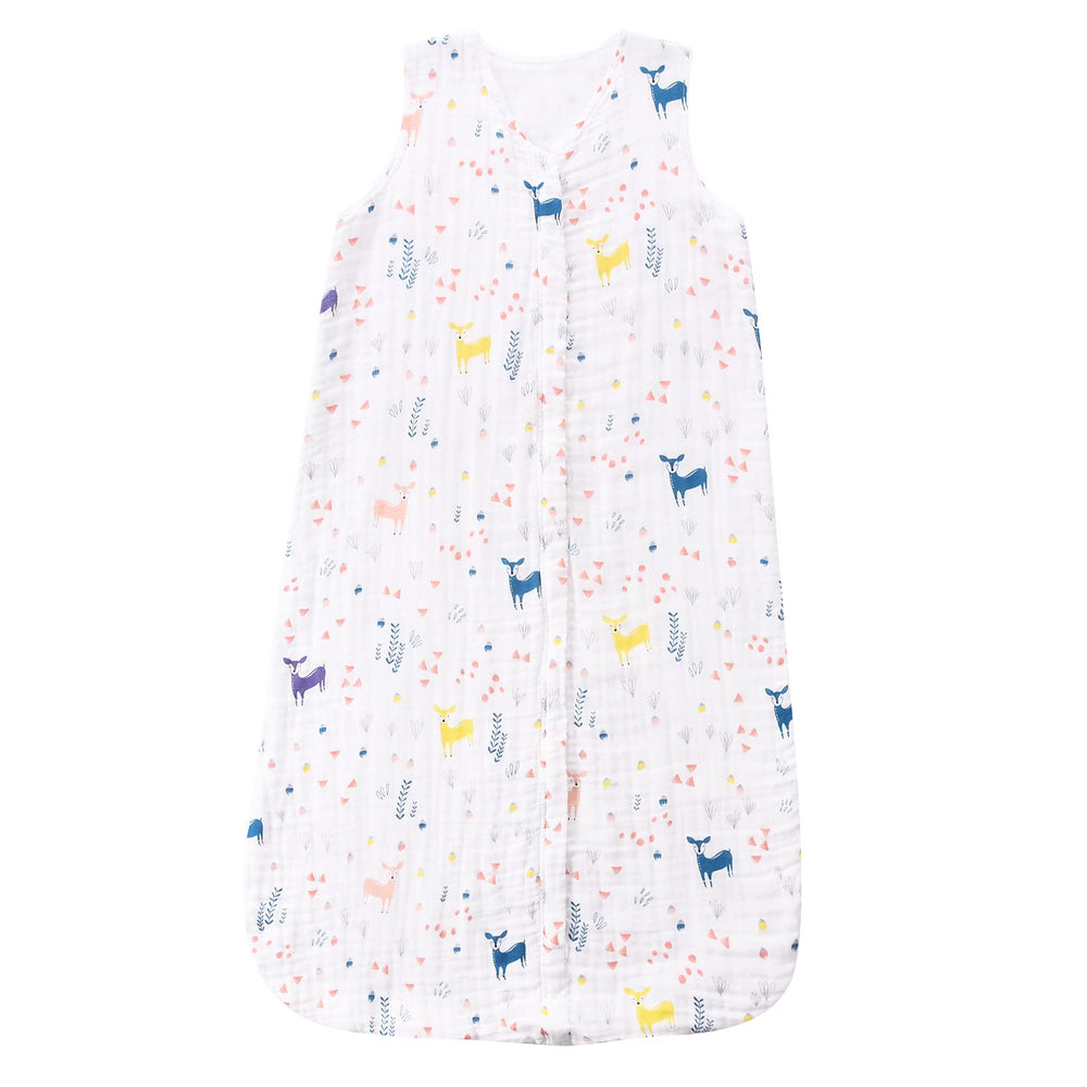 TADO MUSLIN toddler sleep sack deer print promotes comfortable sleep in breathable organic cotton for warm summer nights.