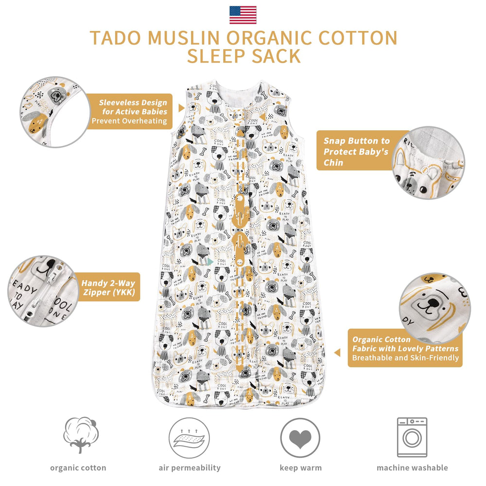 TADO MUSLIN sleep sack on child demonstrates cozy wearable blanket use for bedtime