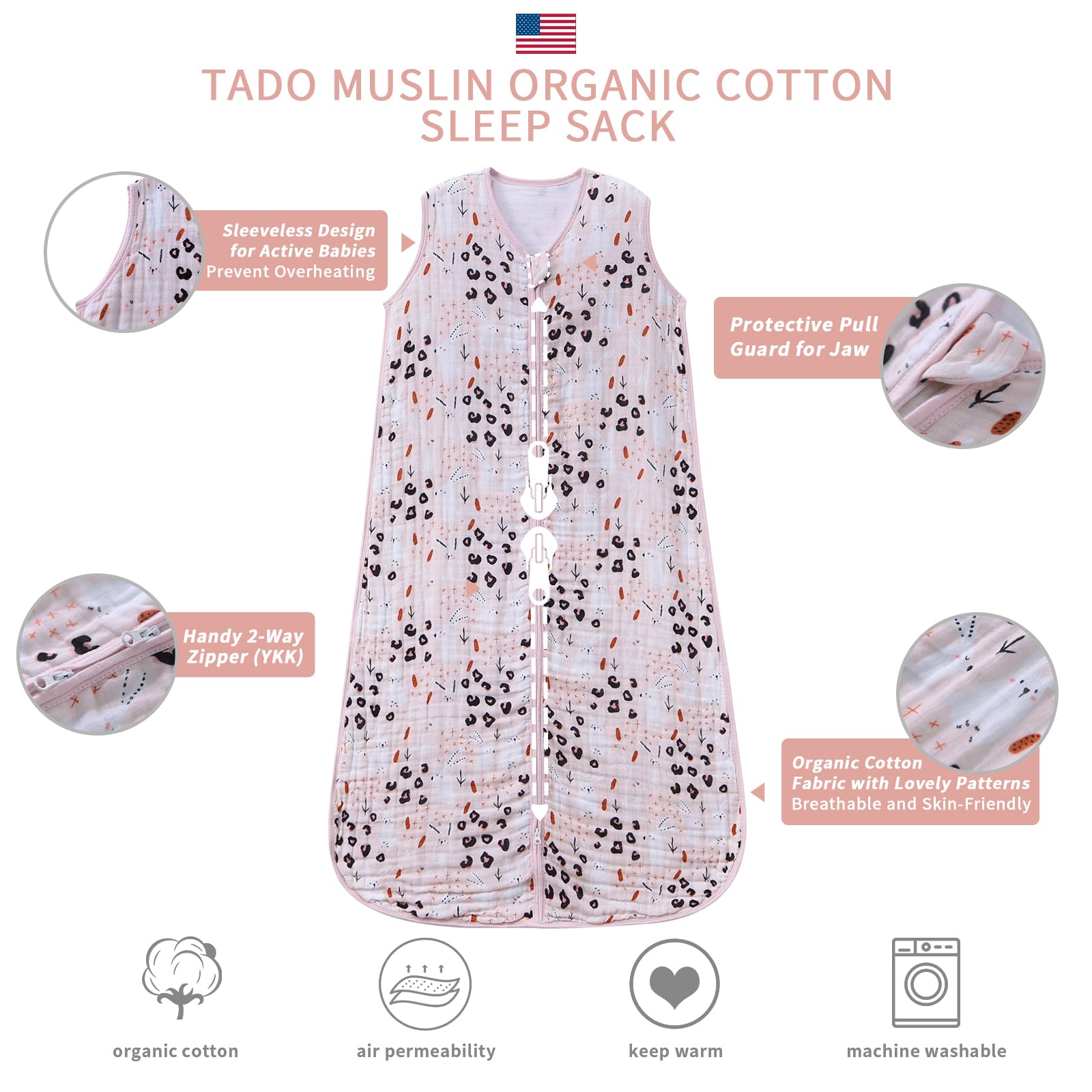 TADO MUSLIN two-way zip close-up shows easy dressing and diaper changes