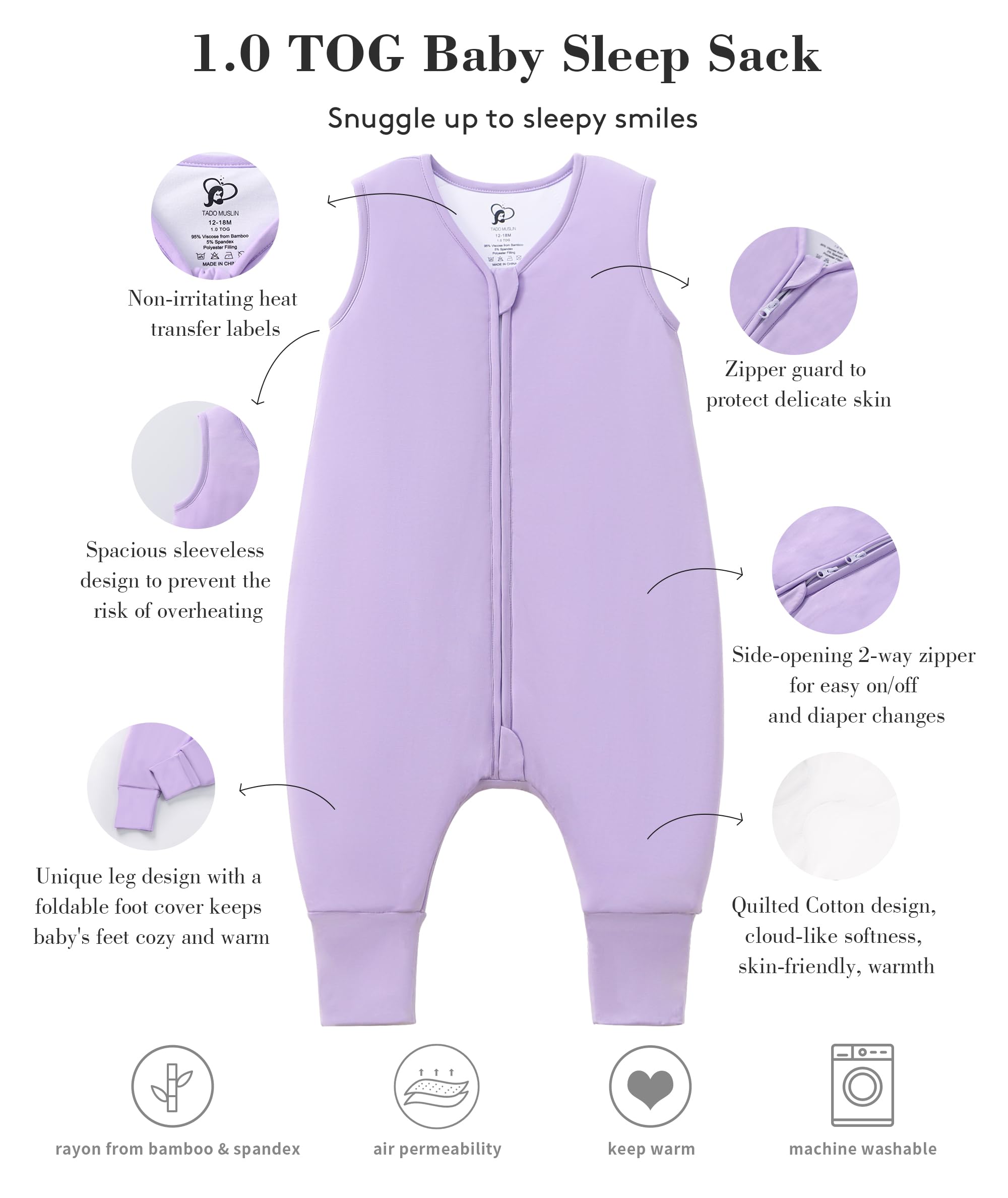 TADO MUSLIN two-way zipper for simple night changes and diaper access.