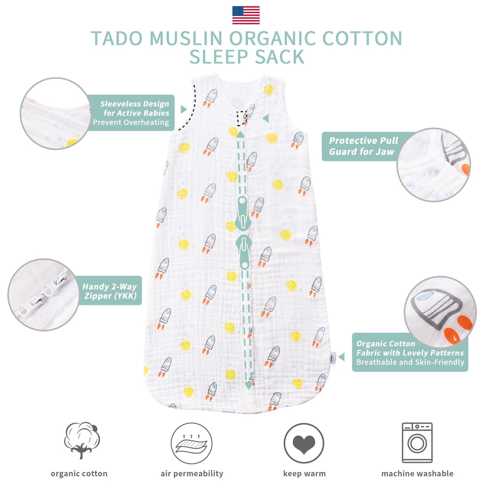 TADO MUSLIN Wearable Blanket side view highlights roomy shoulders for natural kicking