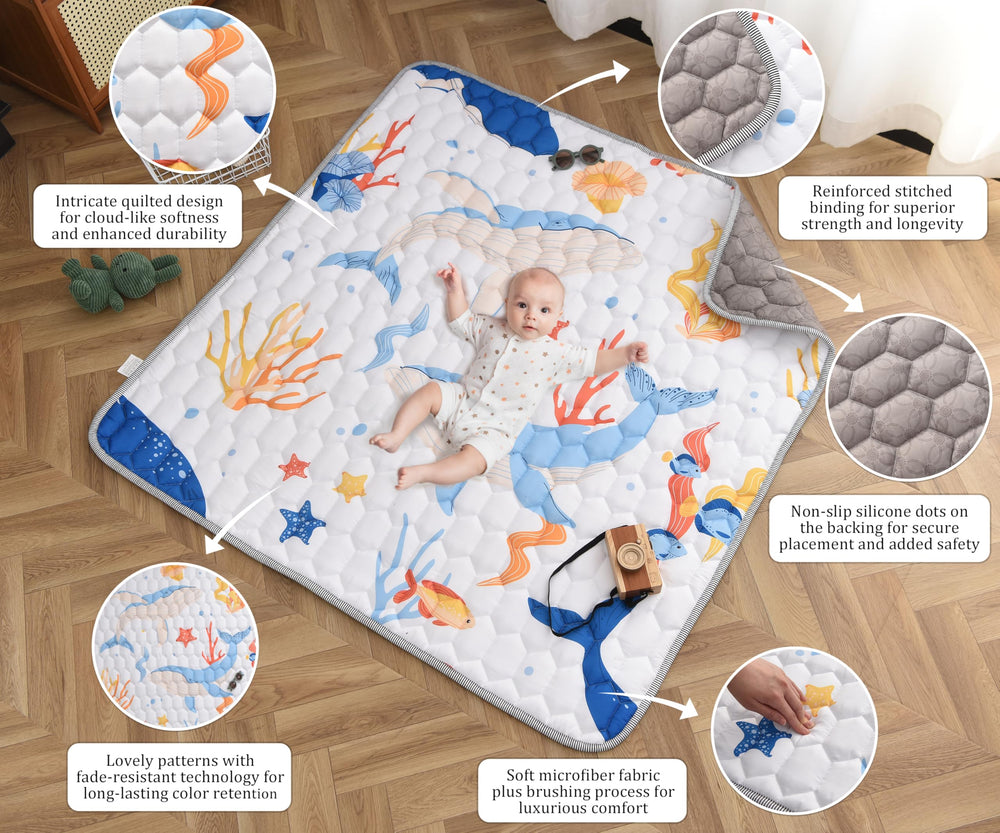 TADO MUSLIN whale print design offers a playful floor space for babies.