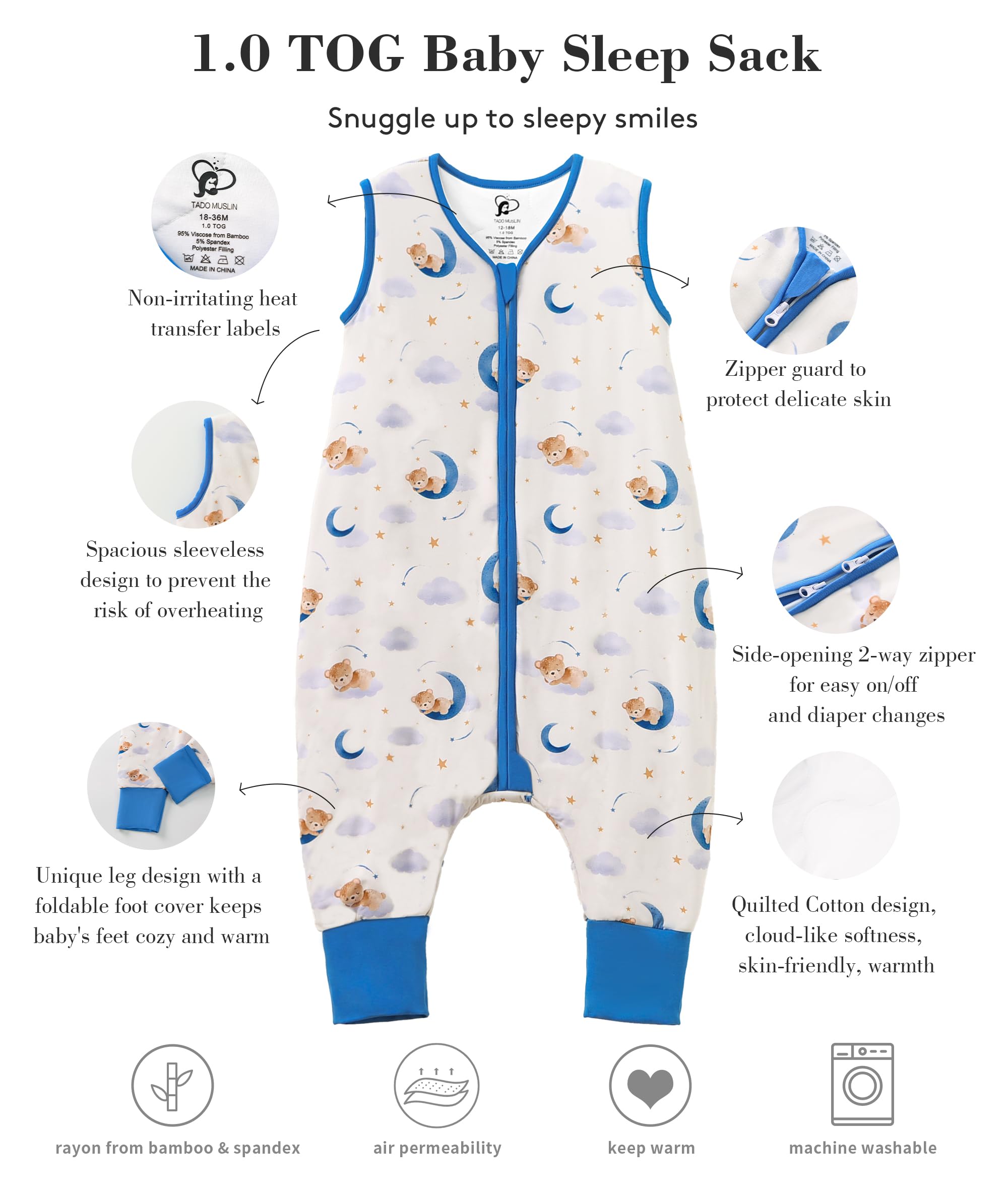 TADO MUSLIN zipper guards keep skin safe during quick changes.