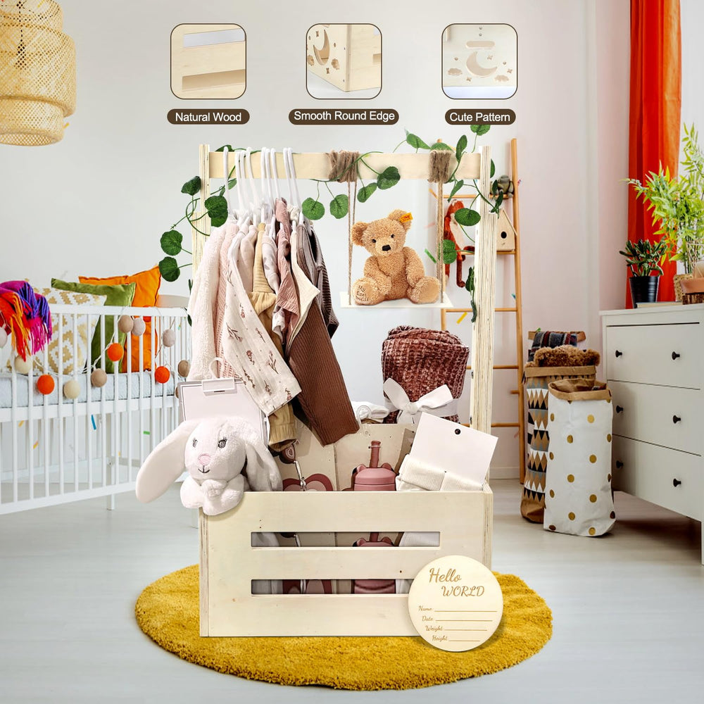 TAEYONK baby shower basket with 33.5 inch hanger rack neatly displays gifts.