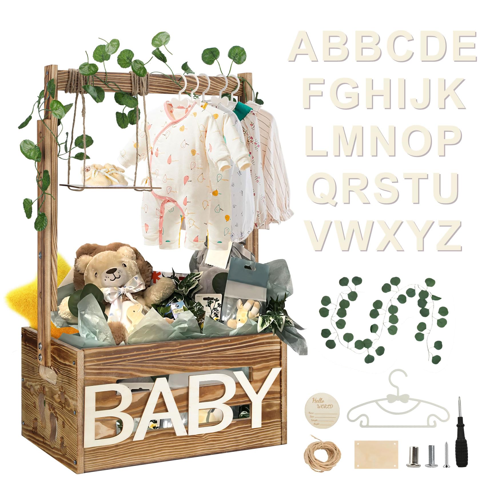 TAEYONK wooden baby shower crate closeup showcases durable construction for long-lasting nursery storage.