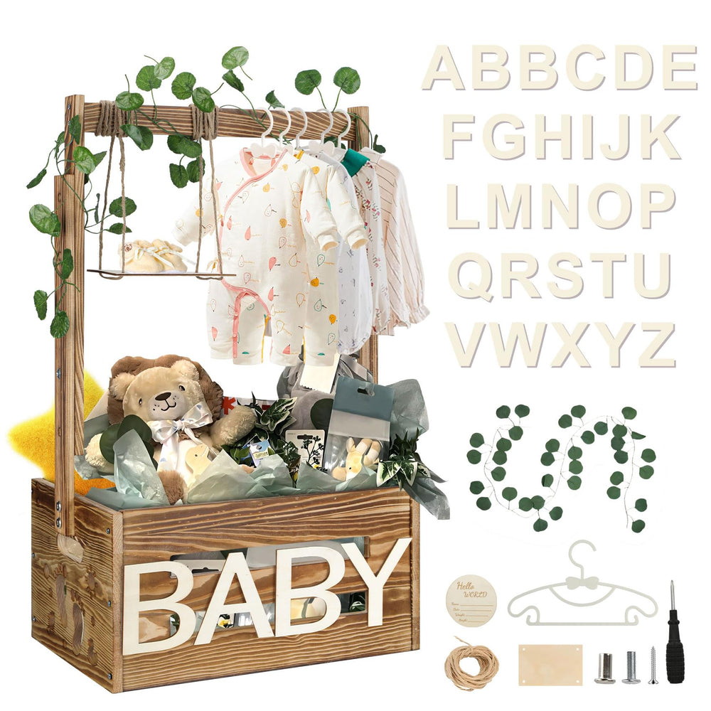 TAEYONK wooden baby shower crate closeup showcases durable construction for long-lasting nursery storage.