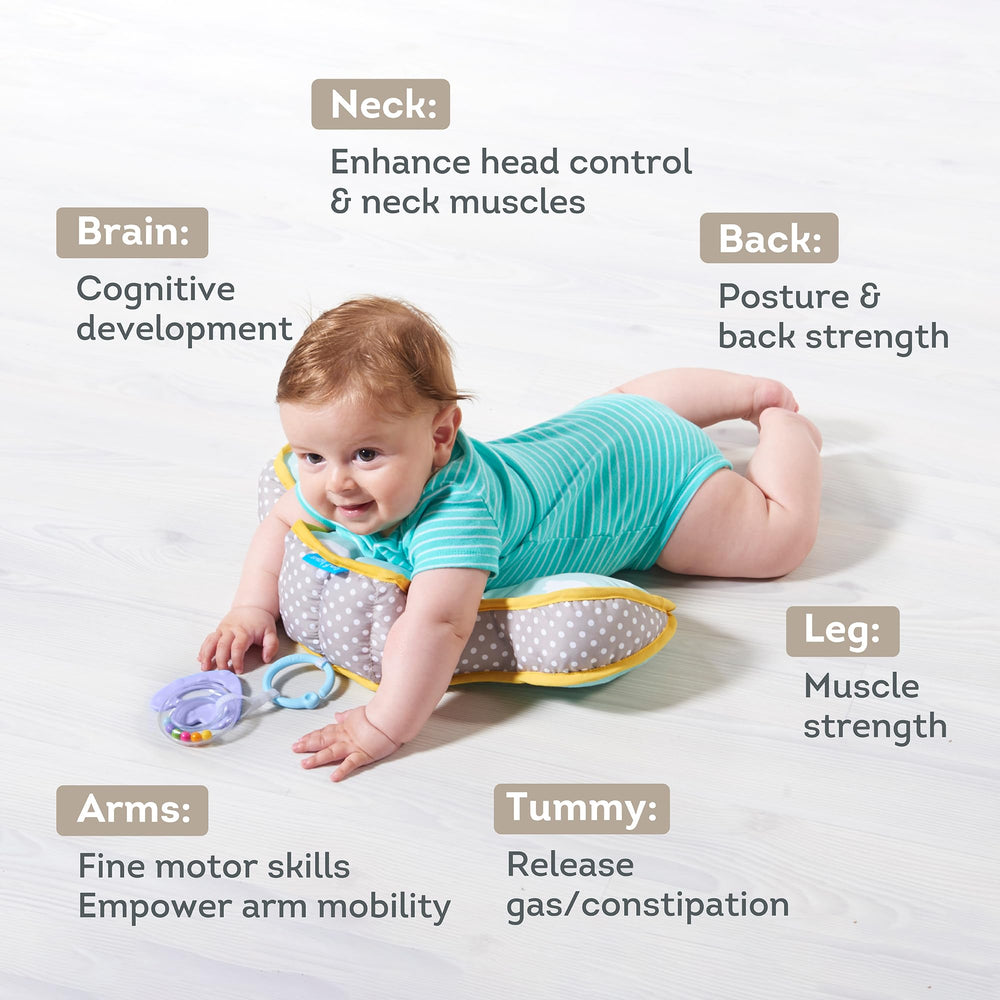 Taf Toys cushion with detachable toys enables interactive tummy time play.