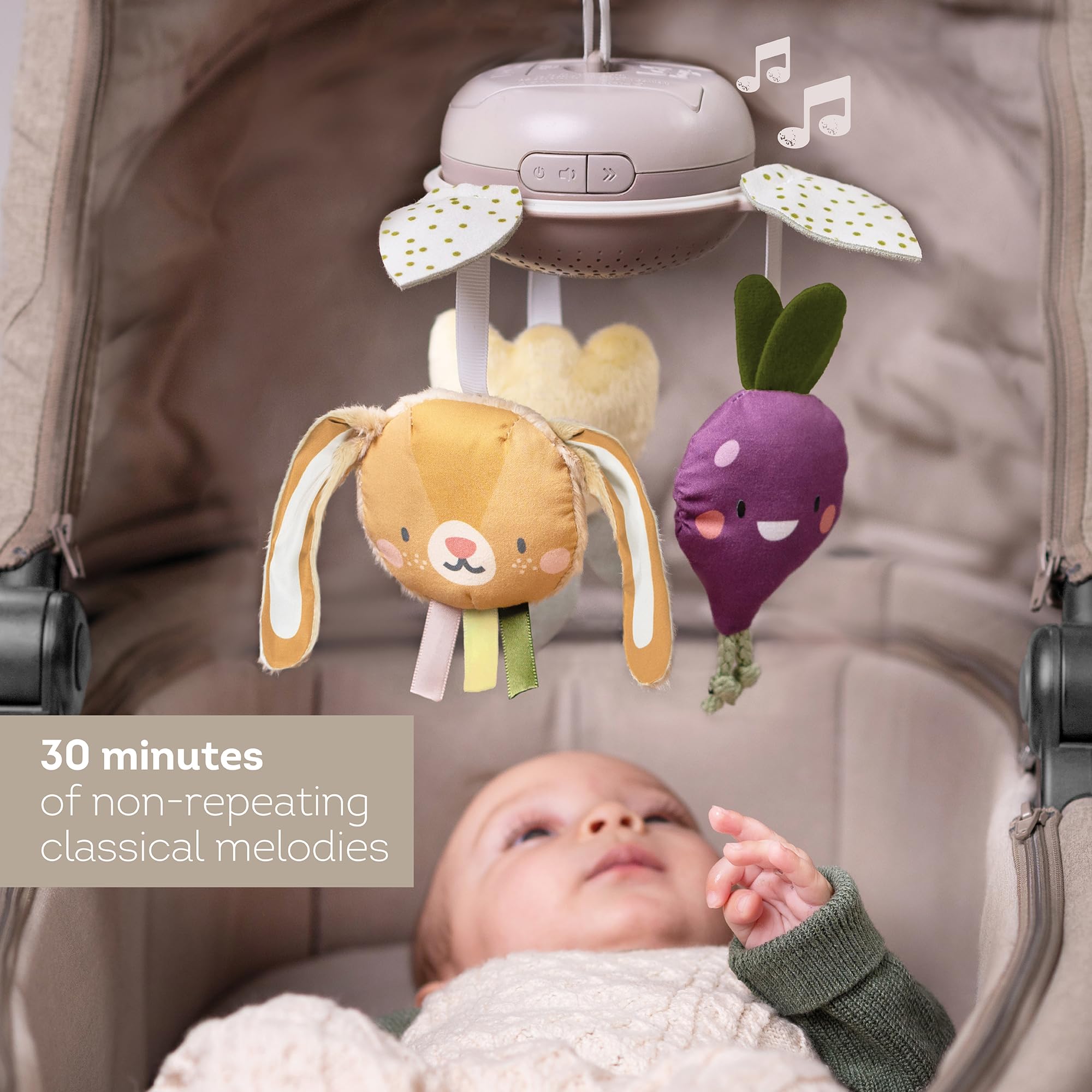Taf Toys Garden Musical Mobile on crib or bassinet demonstrates soothing melodies for sleep