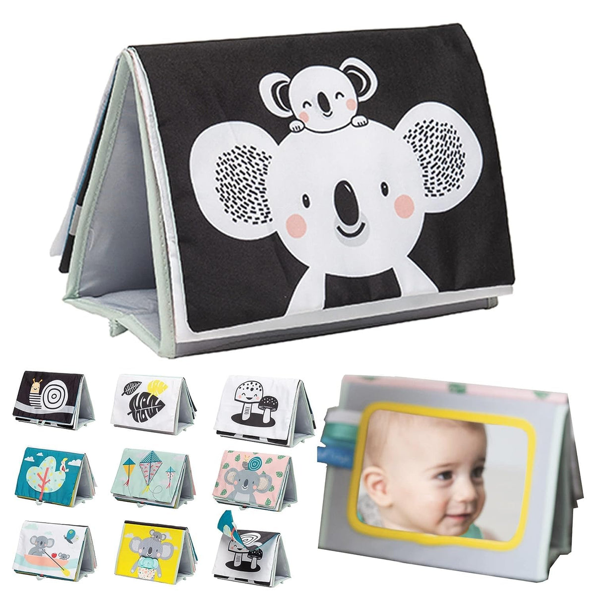 Taf Toys tummy time book cover boosts early visual attention during tummy time.
