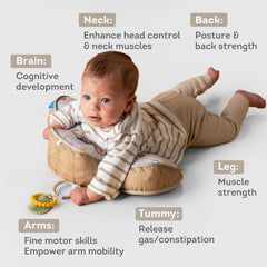 Taf Toys tummy-time cushion-teether-rattle engages sensory play during tummy time