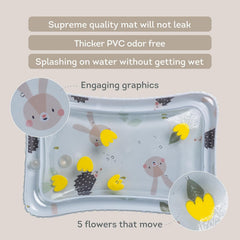 Taf Toys Tummy Time Water Mat hedgehog illustration supports curiosity and tummy-time engagement.