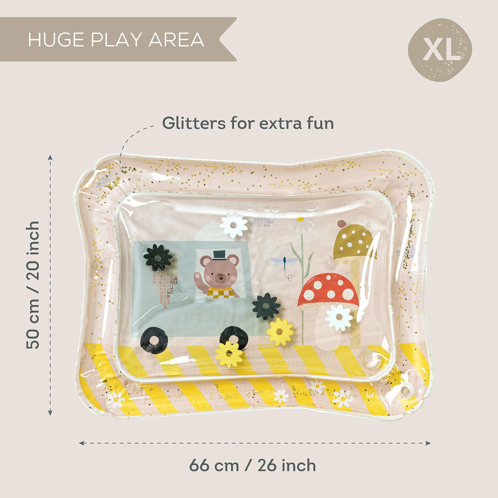 Taf Toys Tummy Time Water Mat Ice Cream Bear view showing floating toys to boost reach and coordination