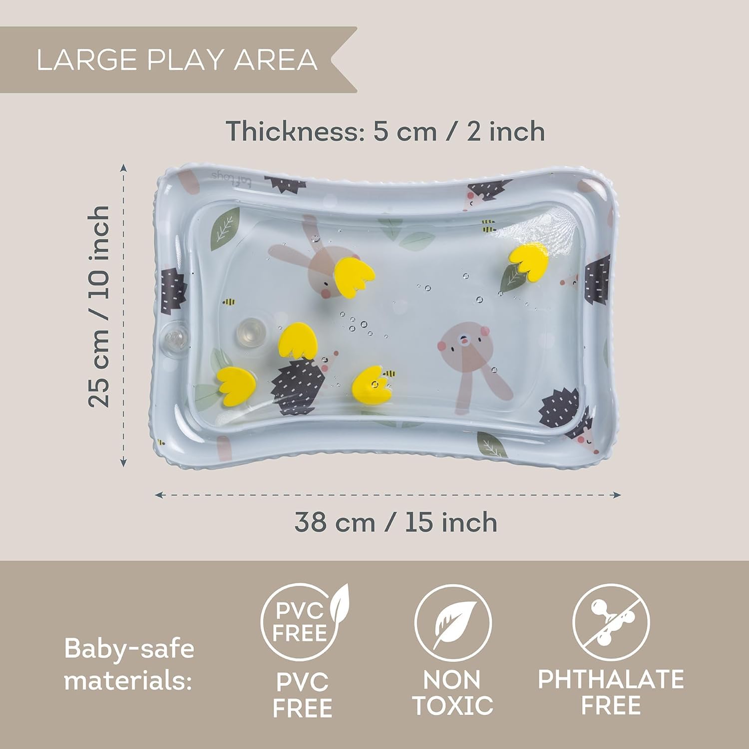 Taf Toys water mat thick 0-3mm PVC ensures durable, leak-resistant play surface.