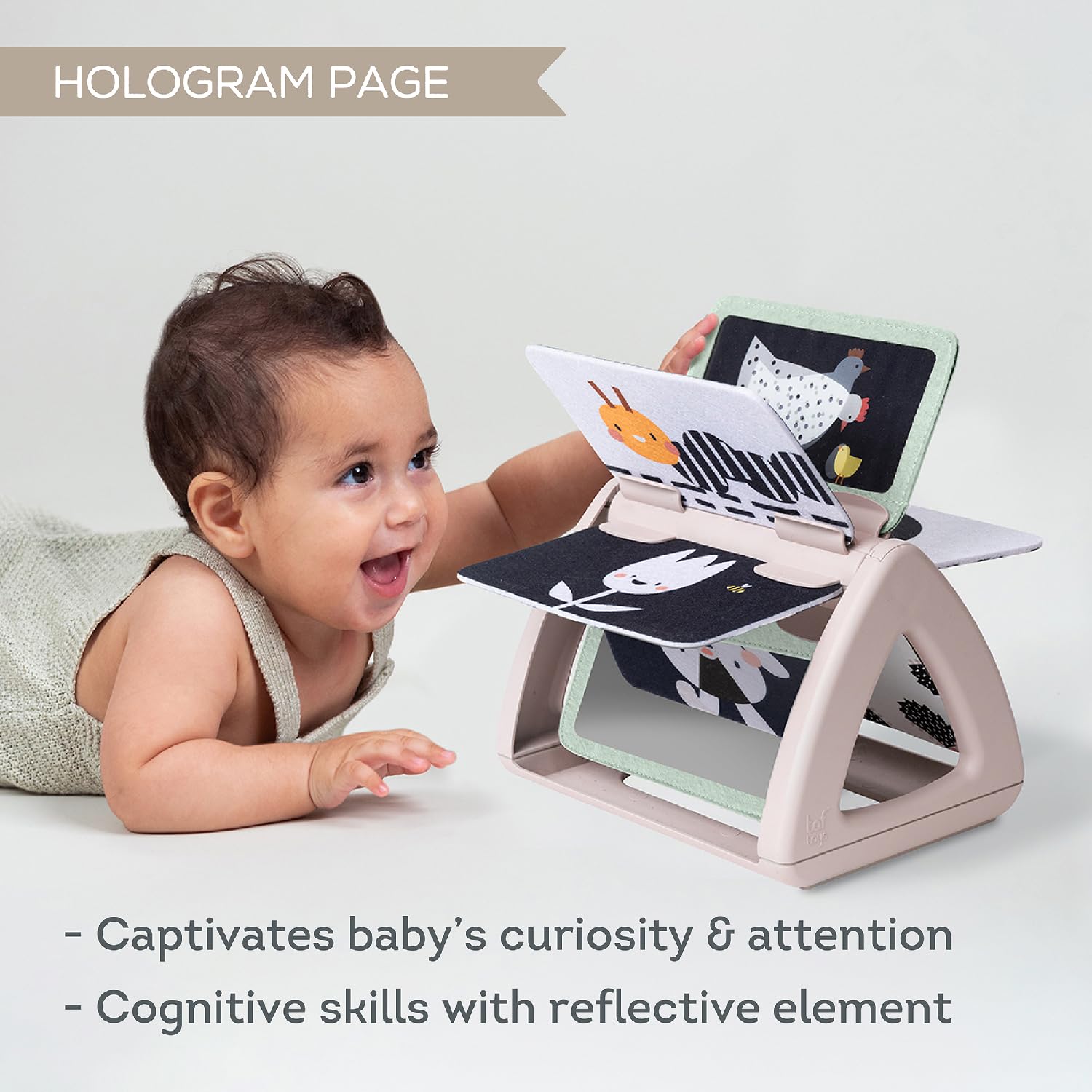 Taf Toys gentle rattle spinning sound enhances multi-sensory play during tummy time.