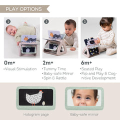 Taf Toys hologram page sparkles to boost visual exploration.