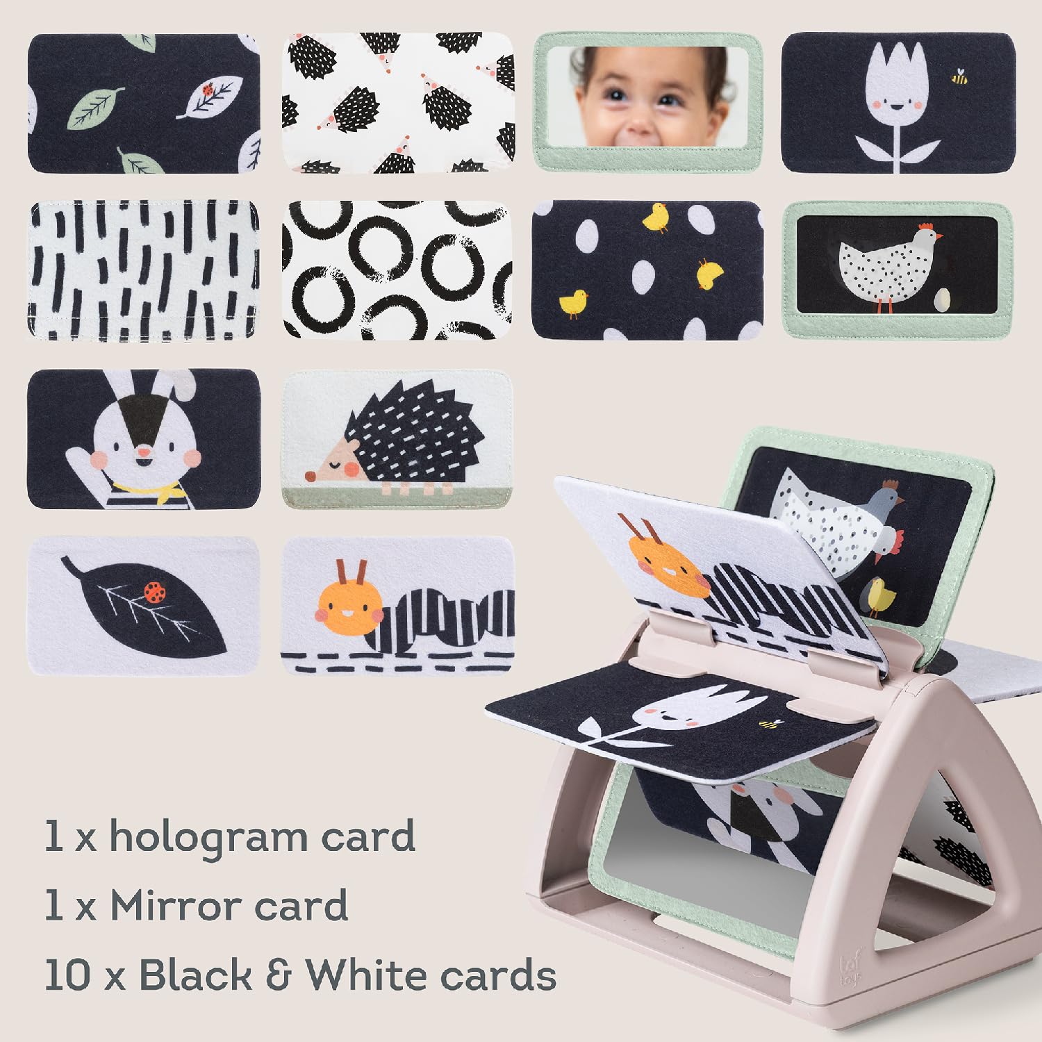 Taf Toys mirror feature inside book invites gaze awareness during play.