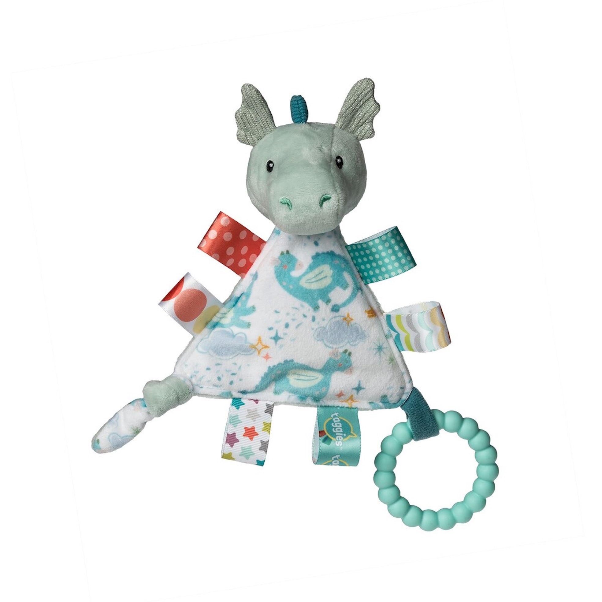 Taggies Drax Dragon teething triangle with satin sensory tags for calming sensory play