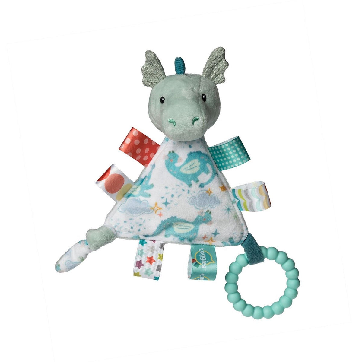 Taggies Drax Dragon teething triangle with satin sensory tags for calming sensory play