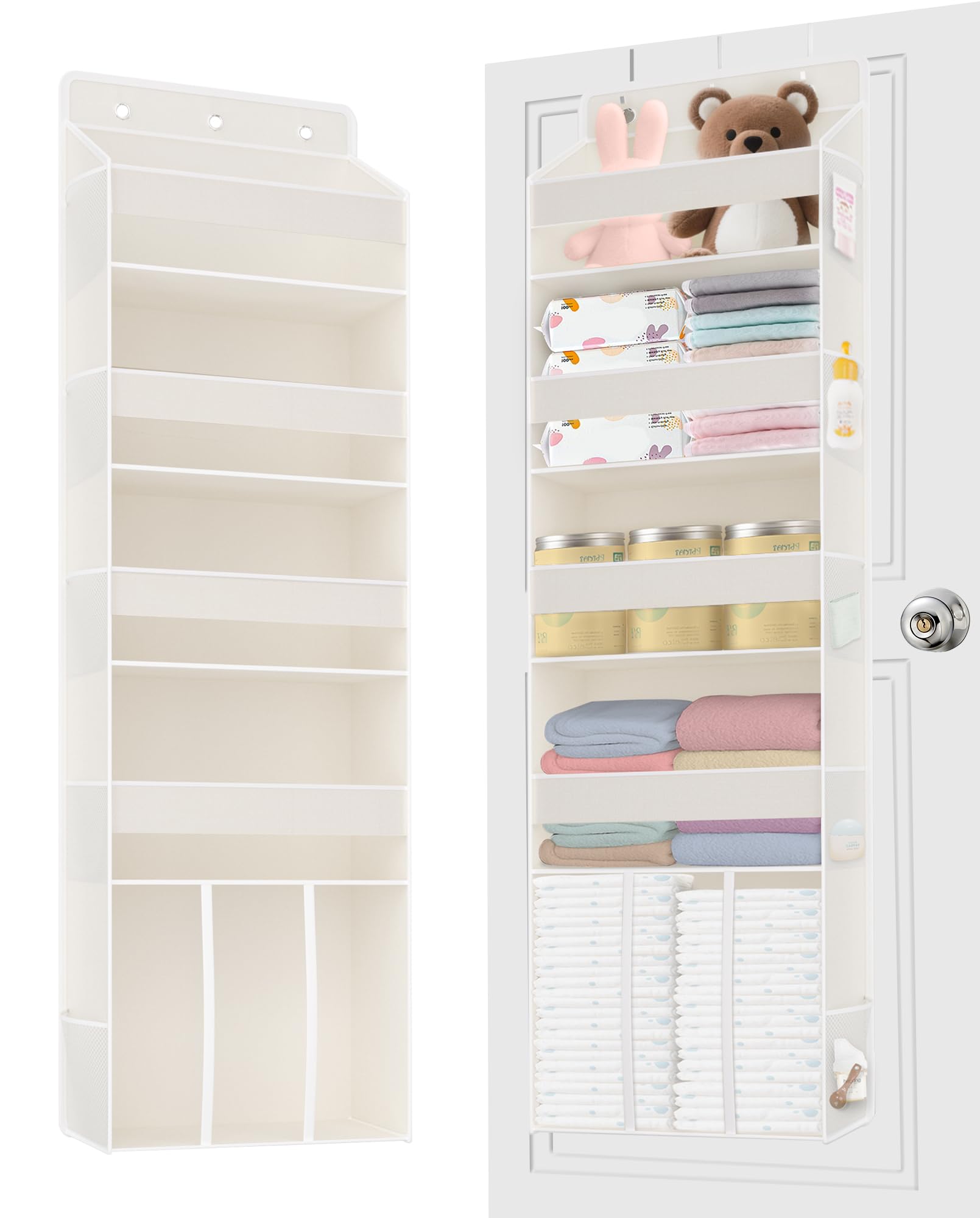 TAHAVICE over-the-door diaper organizer with four shelves keeps nursery essentials neatly accessible.