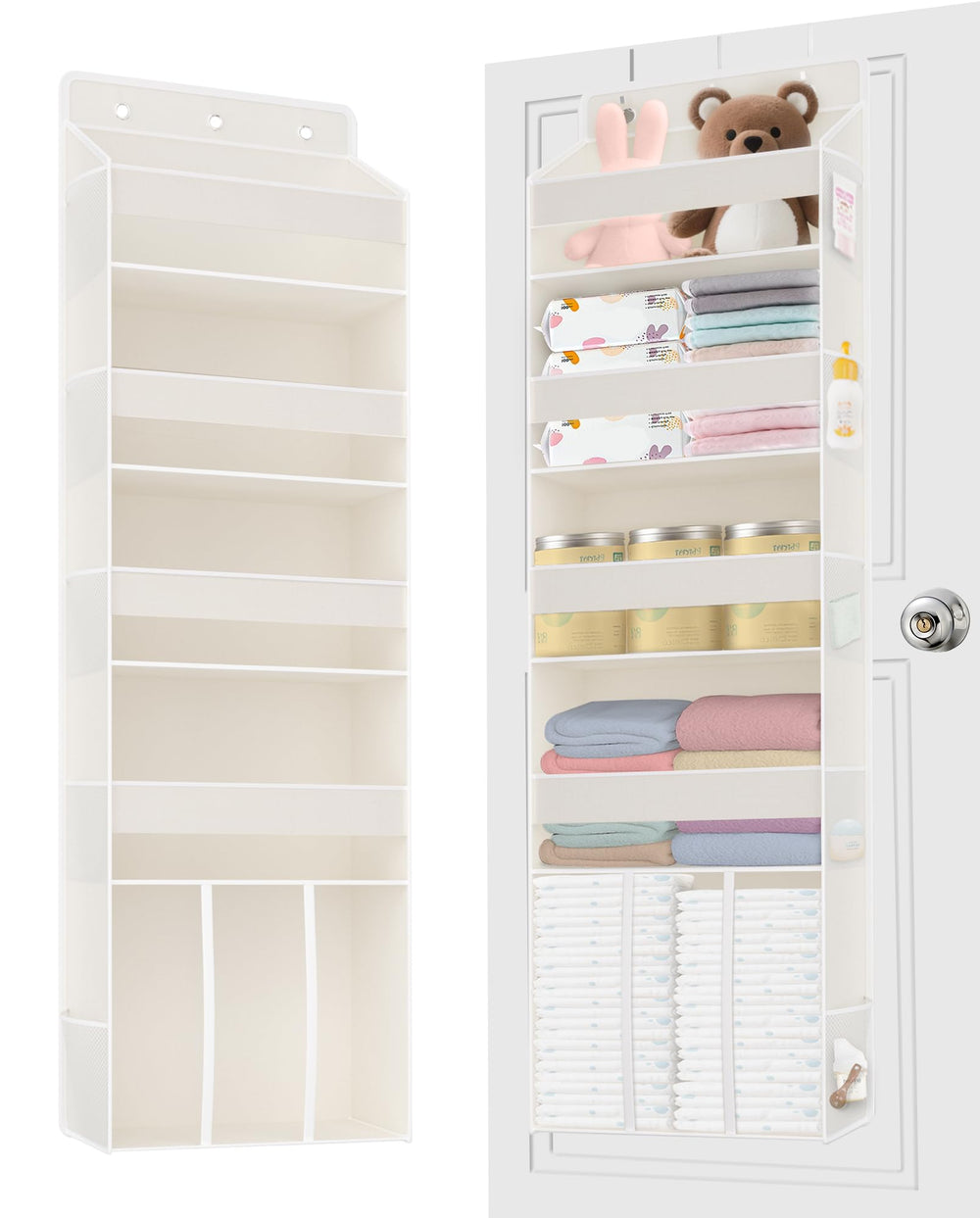 TAHAVICE over-the-door diaper organizer with four shelves keeps nursery essentials neatly accessible.