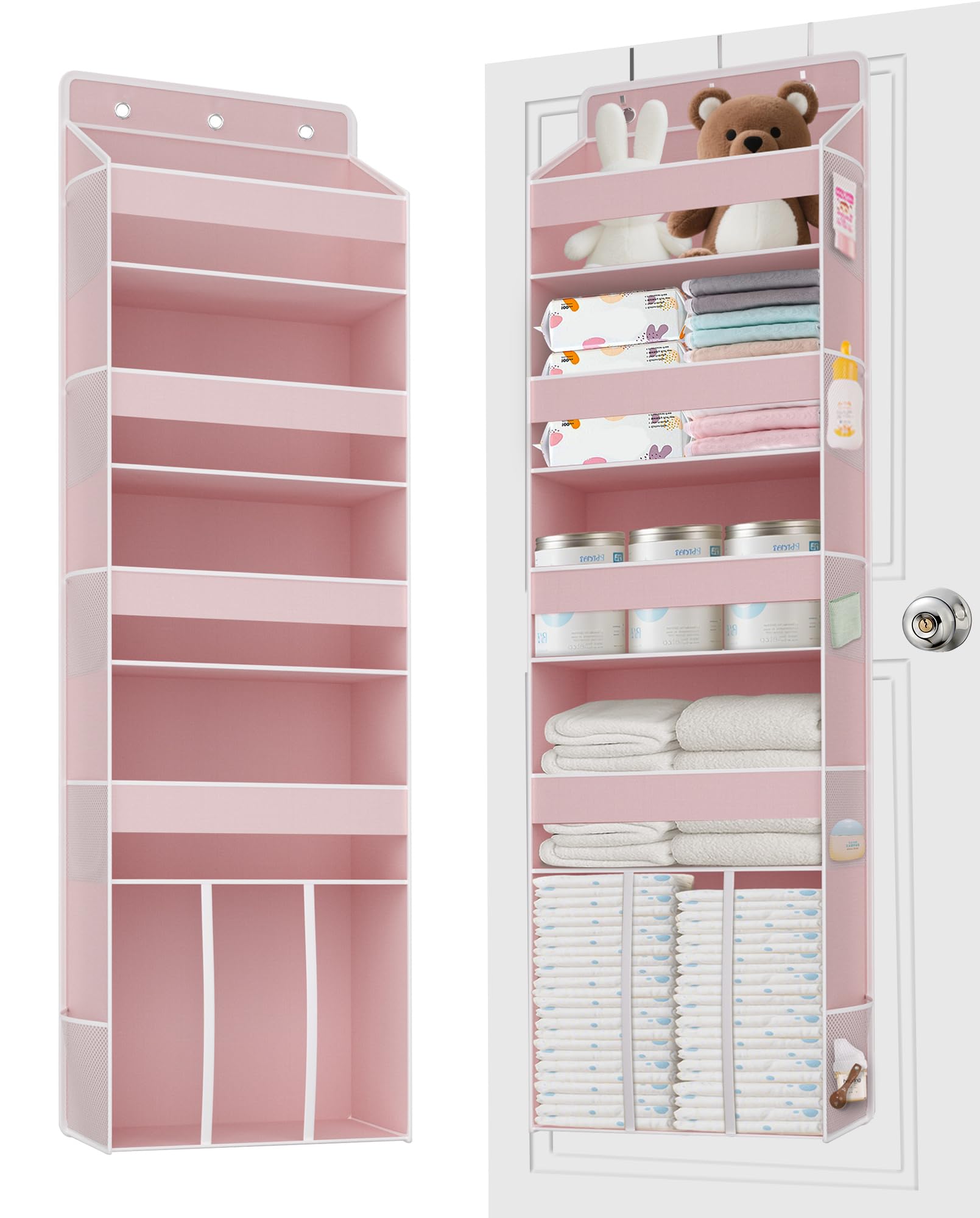 TAHAVICE pink over-the-door organizer front view keeps nursery essentials organized for quick reach
