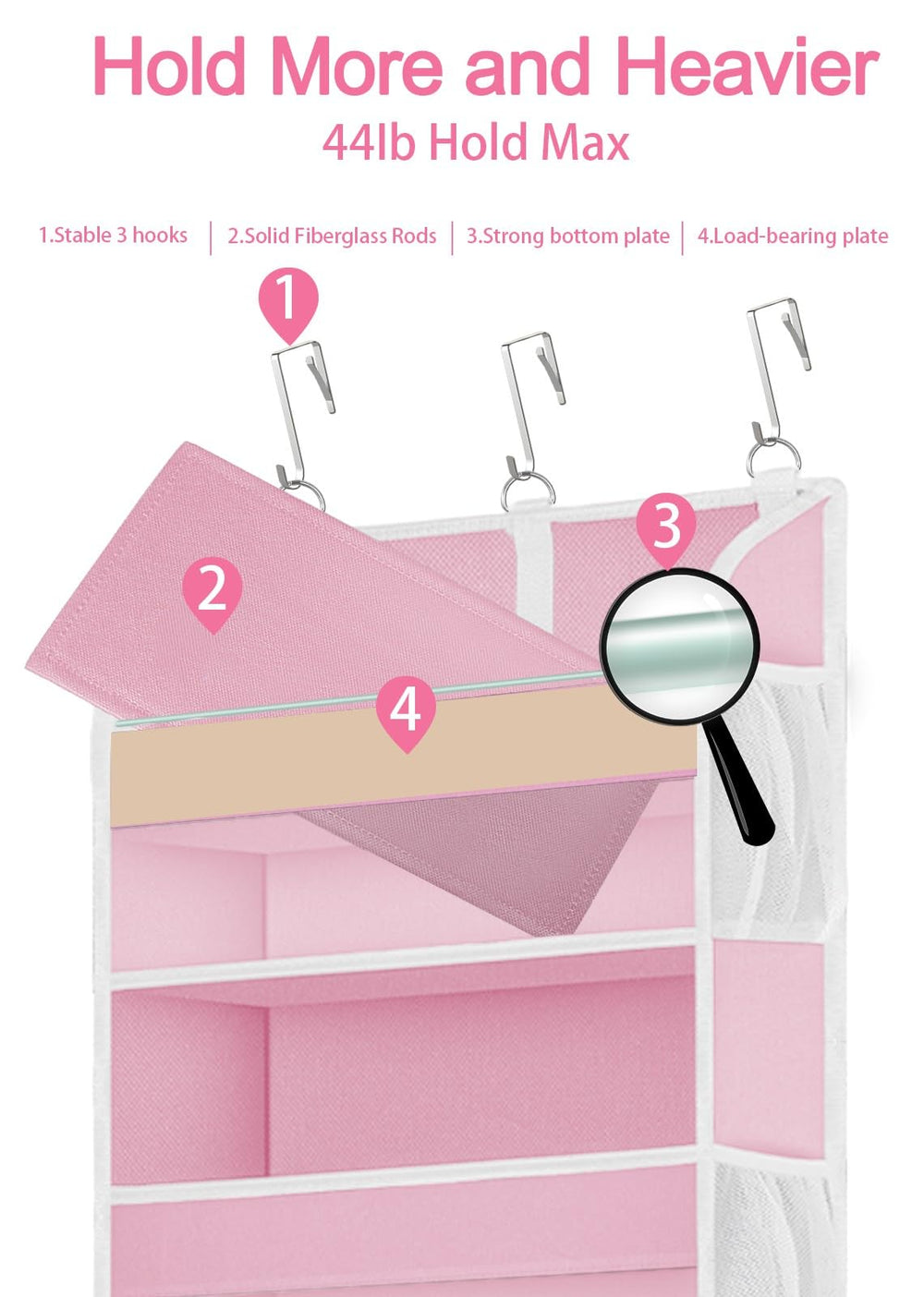 TAHAVICE 44 lbs capacity setup demonstrates sturdy, weight-ready door storage.