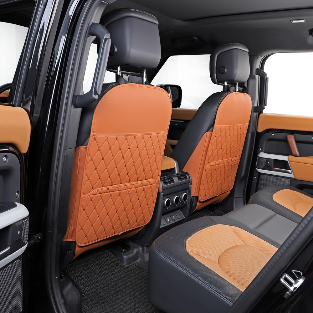 TAIKOO style-a brown seat back protector blends with car interiors.