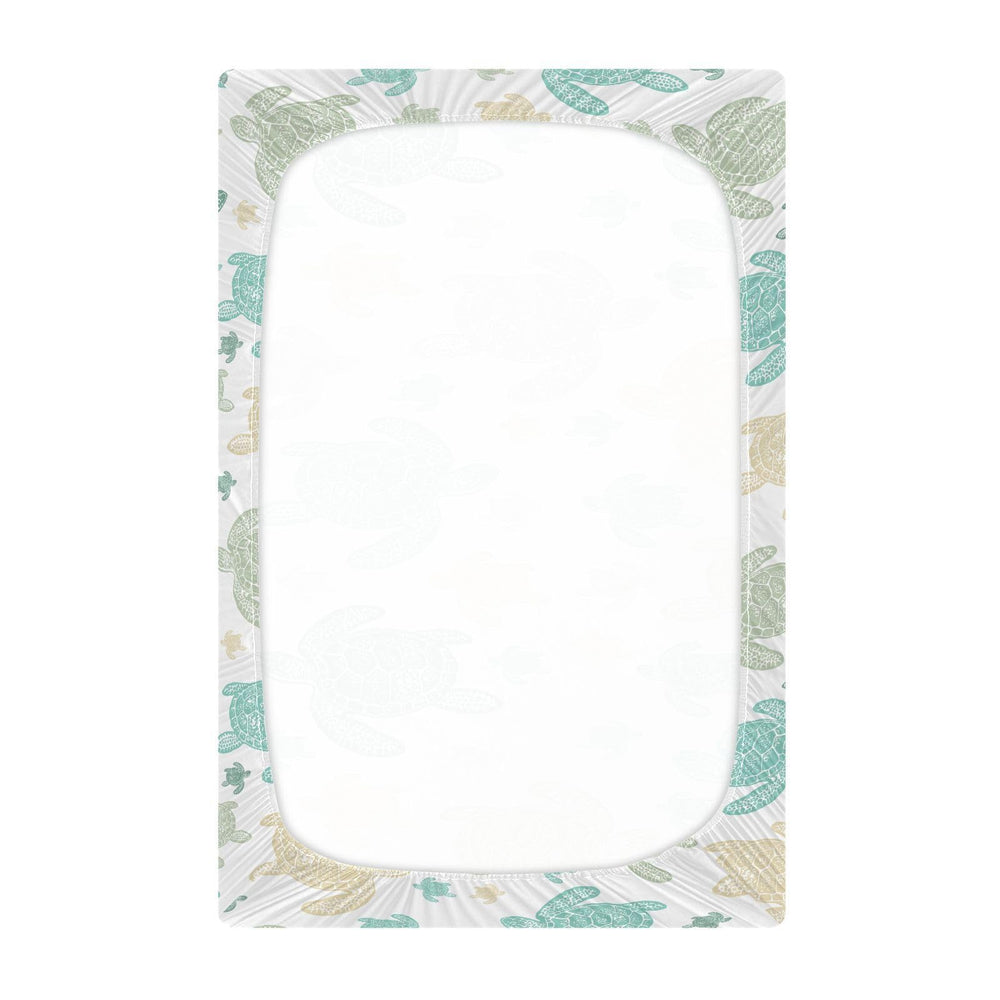 Takiito Sea Turtles crib sheet on standard crib demonstrates snug fit and easy care