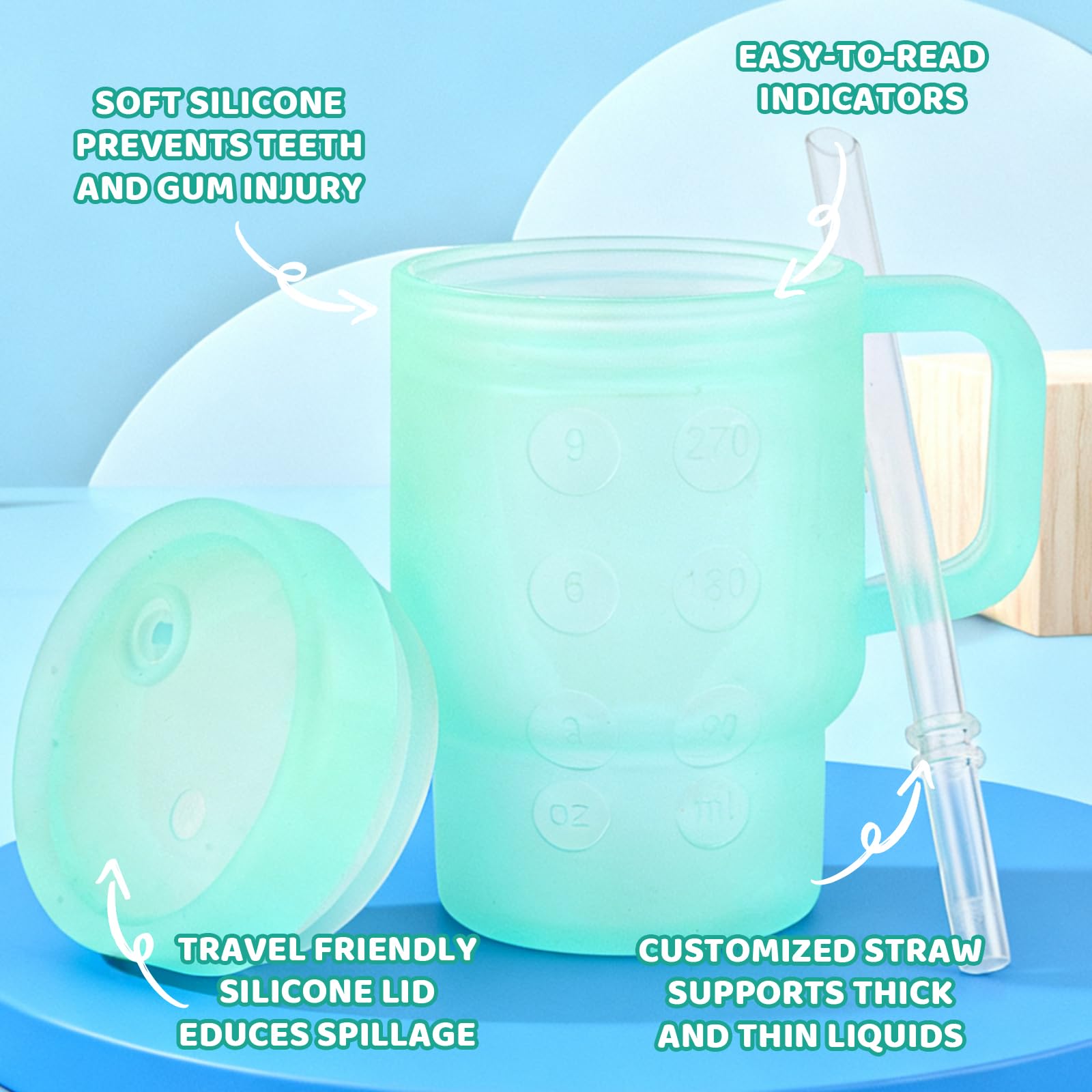 TAKYIT silicone mini tumbler side handle close-up shows toddler-friendly grip.