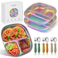 Taladad 3-pack stainless steel kids plates—durable dinnerware for toddlers