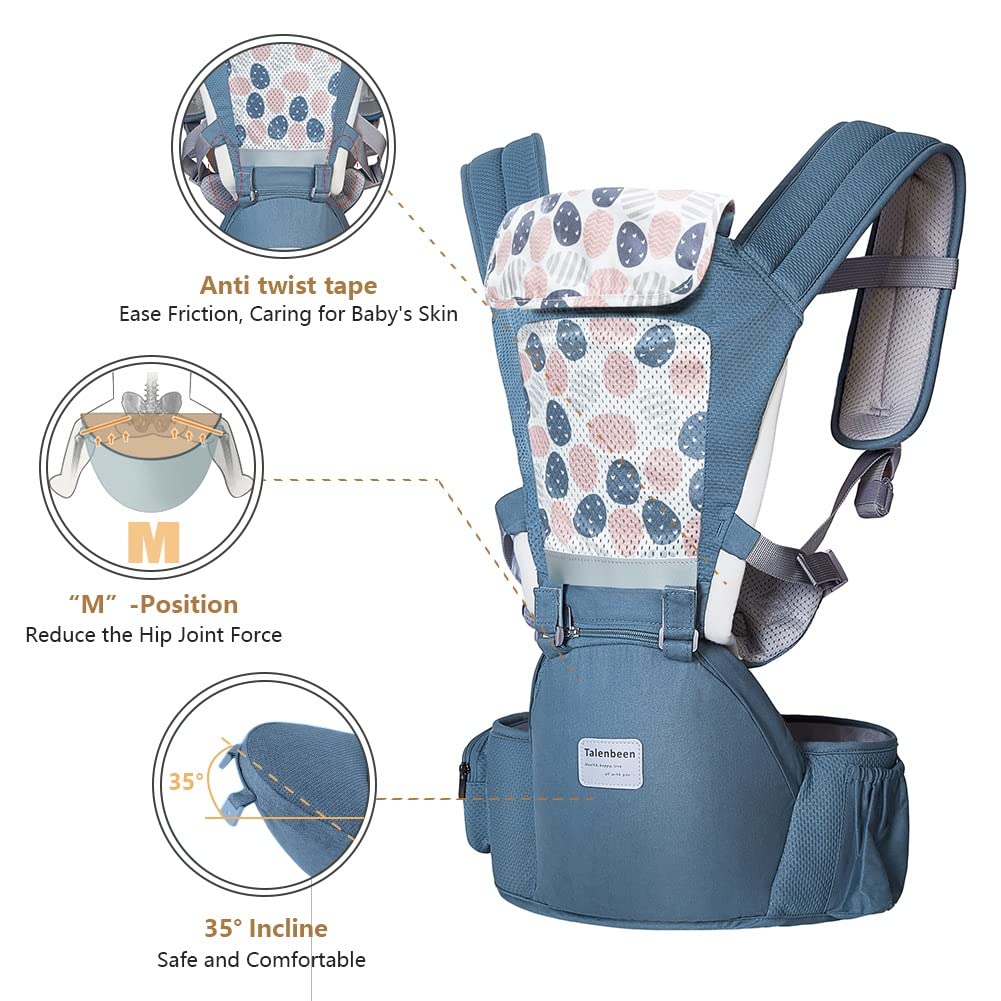 TALENBEEN ergonomic M-position supports baby's hips during various carry positions.